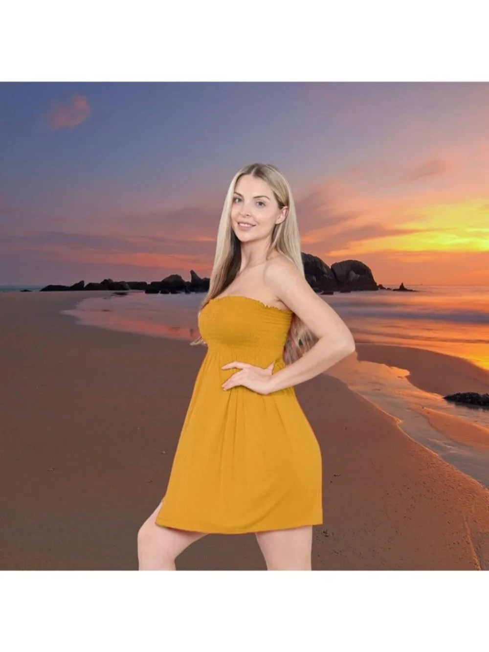 Women's Mustard Sun Strapless Tube Short Beach Summer Dresses Casual Mini Dress
